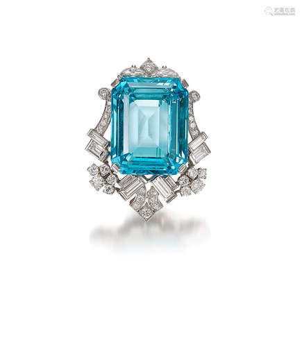 An Aquamarine and Diamond Brooch/Pendant,  Circa 1950