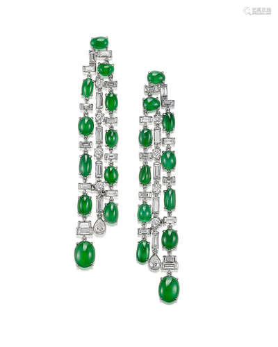 A Pair of Jadeite and Diamond Pendent Earrings, by Claudia Ma