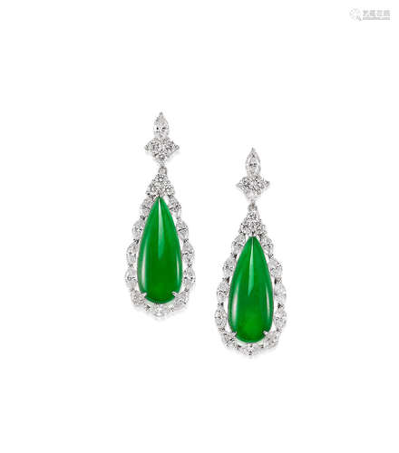 A Pair of Jadeite and Diamond Pendent Earrings