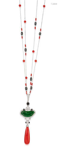 A Jadeite, Corallium Rubrum, Gem-set and Diamond Pendant Necklace, by Claudia Ma