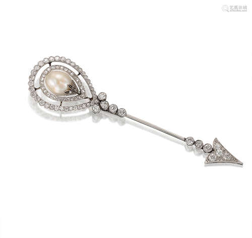 A Natural Pearl and Diamond Jabot Pin