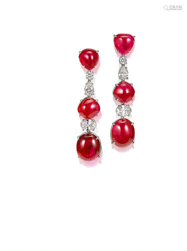 A Pair of Ruby and Diamond Pendent Earrings