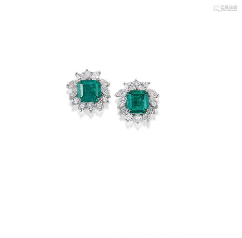 A Pair of Emerald and Diamond Earrings