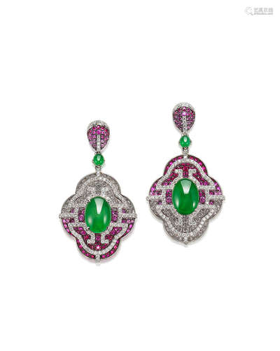 A Pair of Jadeite, Ruby and Diamond Pendent Earrings