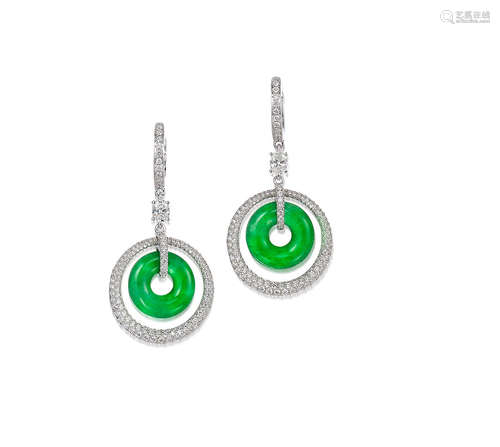 A Pair of Jadeite and Diamond Pendent Earrings