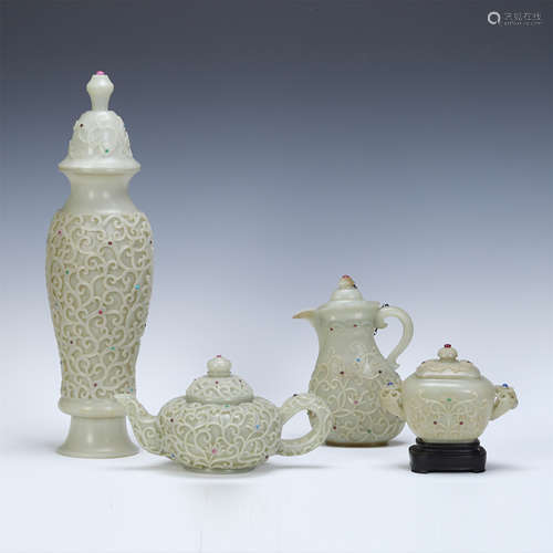 FOUR CHINESE JADE CARVED VASE AND TEA POT