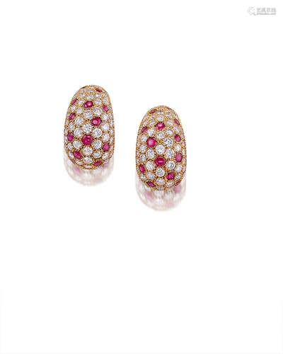 A Pair of Ruby and Diamond Earrings, by Cartier