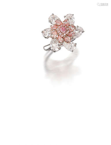 A Fancy Coloured Diamond and Diamond 'Floral' Ring