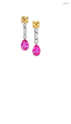 A Pair of Coloured Sapphire and Diamond Pendent Earrings, by Bulgari