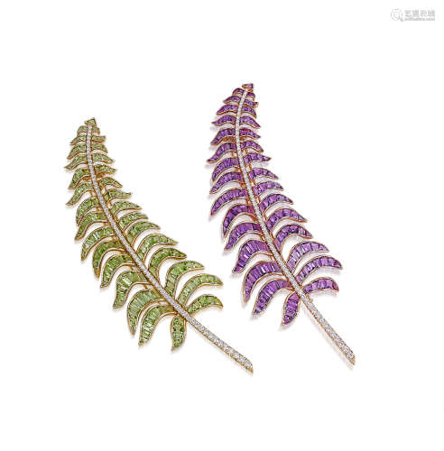 (2) A Pair of Amethyst, Peridot and Diamond 'Fern' Brooches, by Michele della Valle