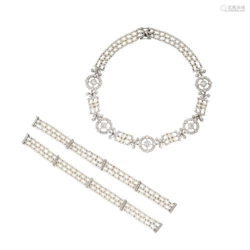 (3) A Seed Pearl and Diamond Choker and Matching Bracelets