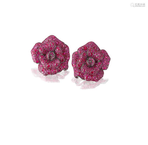 A Pair of Ruby 'Floral' Earclips, by Michele della Valle