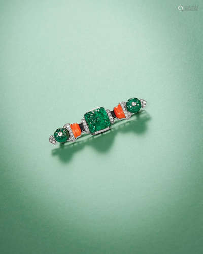 An Art Deco Emerald, Gem-set and Diamond Bar Brooch, by Cartier Paris,  Circa 1930