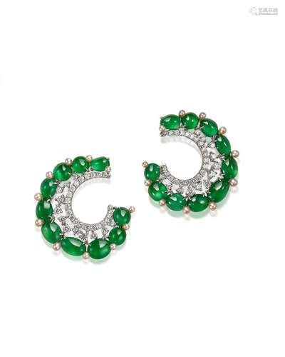 A Pair of Jadeite, Seed Pearl and Diamond Earrings