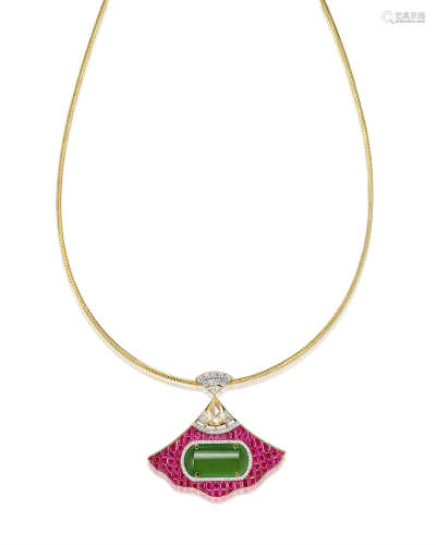 A Jadeite, Ruby and Diamond Pendant Choker