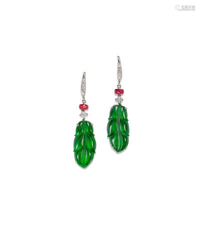 A Pair of Jadeite, Ruby and Diamond 'Foliate' Pendent Earrings