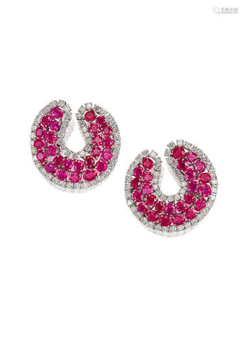 A Pair of Ruby and Diamond Earclips, by Bulgari