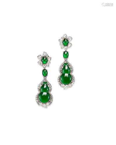 A Pair of Jadeite 'Hulu' and Diamond Pendent Earrings