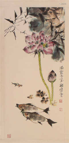 CHINESE SCROLL PAINTING OF FISH AND LOTUS