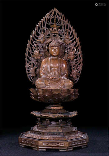 CHINESE SANDALWOOD SEATED BUDDHA WITH LOTUS BASE