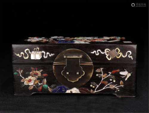 CHINESE GEM STONE INLAID HARDWOOD ZITAN BOX