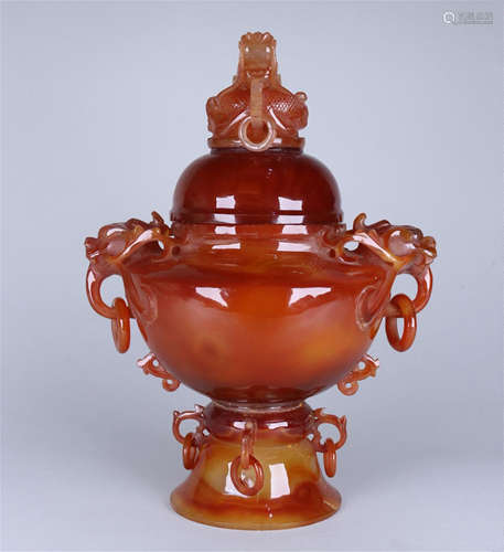 CHINESE RED AGATE LOOP HANDLE LIDDED CENSER