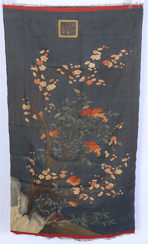 CHINESE EMBROIDERY KESI TAPESTRY OF FLOWER AND ROCK