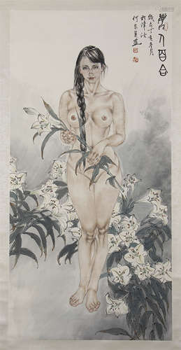 CHINESE SCROLL PAINTING OF NUDE WITH FLOWER