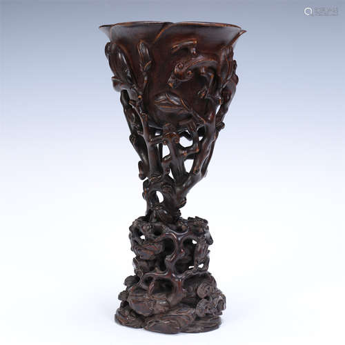 CHINESE AGALWOOD CARVED JUE CUP