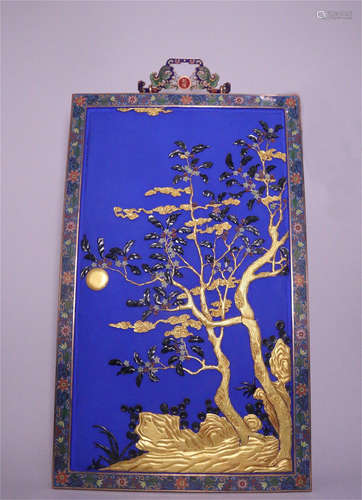 CHINESE GEM STONE INLAID GILT SILVER LACQUER CLOISONNE WALL PLAQUE