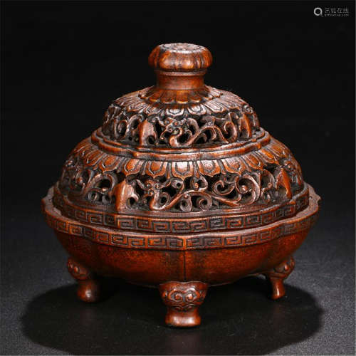 CHINESE BAMBOO TRIPLE FEET LIDDED CENSER