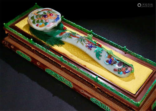 CHINESE GEM STONE INLAID JADE RUYI SCEPTER