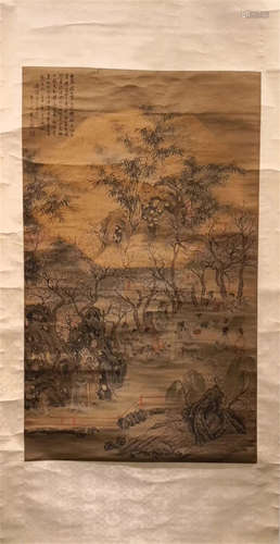 CHINESE SCROLL PAINTING OF MEN GATHERING IN GARDEN