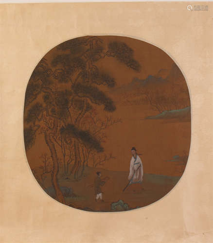 CHINESE ROUND FAN PAINTING OF MEN UNDER PINE