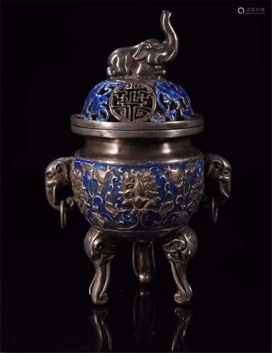 CHINESE SILVER ENAMEL TRIPLE ELEPHANT FEET LIDDED CENSER