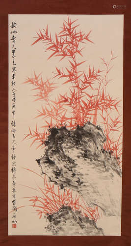 CHINESE SCROLL PAINTING OF BAMBOO AND ROCK