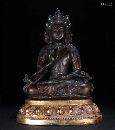 CHINESE TURQUOISE INLAID AGALWOOD SEATED BUDDHA