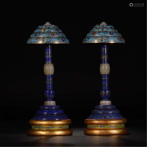 PAIR OF CHINESE LAPIS JADE CLOISONNE DECRO HAT STANDS