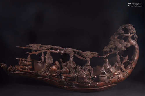 CHINESE BAMBOO CARVED EIGHT IMMORTALS IN BOAT