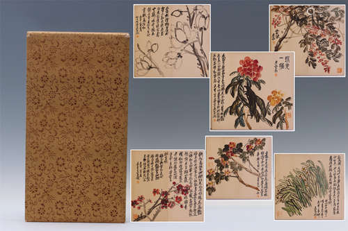 TWEELVE PAGES OF CHINESE ALBUM PAINTING OF FLOWER WITH CALLIGRAPHY