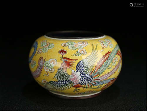 CHINESE ENAMEL BRONZE PHOENIX WATER JAR