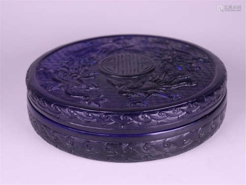 CHINESE BLUE PEKING GLASS DRAGON ROUND LIDDED BOX