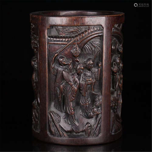 CHINESE AGALWOOD CARVED BRUSH POT