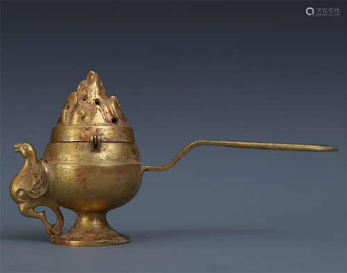 CHINESE GILT BRONZE LONG HANDLE BOSAN CENSER