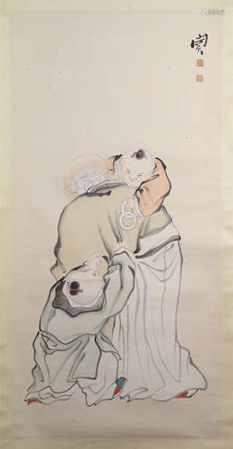 CHINESE SCROLL PAINTING OF OLD MAN WITH BOYS