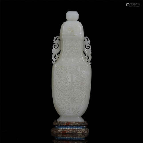 CHINESE WHITE JADE CARVED LIDDED VASE