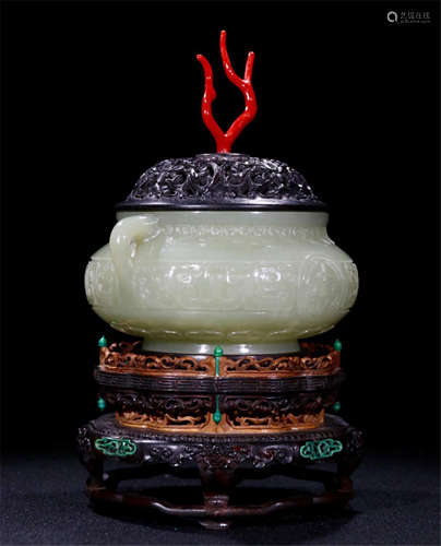 CHINESE CELADON JADE ROUND CENSER WITH ROSEWOOD LID AND BASE