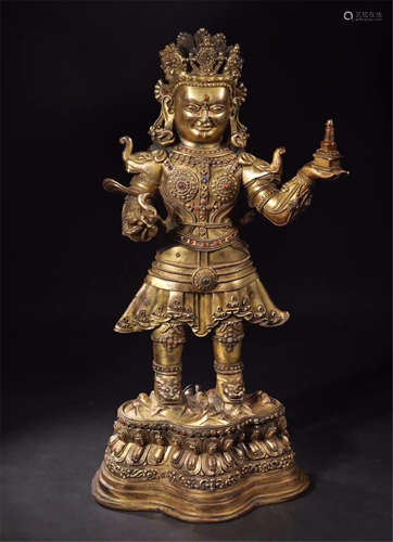 CHINESE GILT BRONZE STANDING BUDDHA WITH TOWER