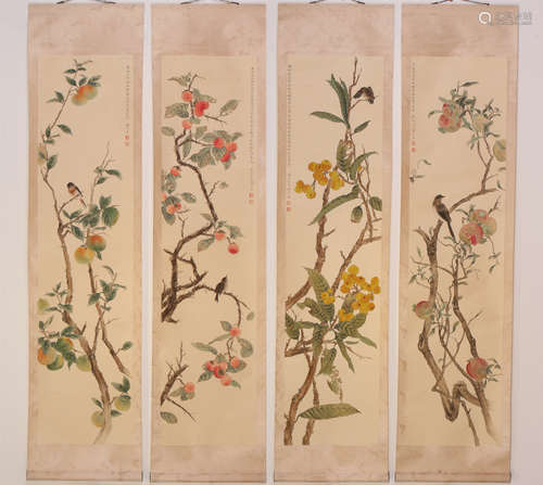 FOUR PANELS OF CHINESE SCROLL PAINTING OF BIRD AND FLOWER