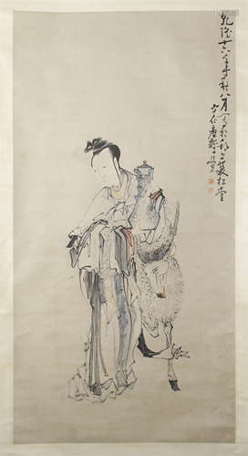 CHINESE SCROLL PAINTING OF BEAUTY WITH DEER